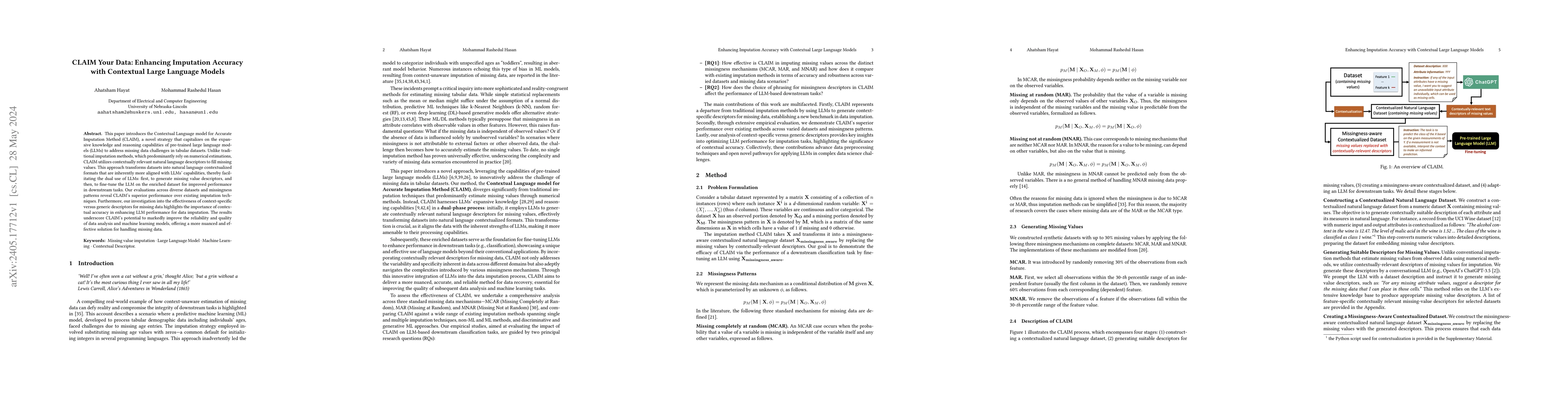 Thumbnail for CLAIM Your Data: Enhancing Imputation Accuracy with Contextual Large
  Language Models