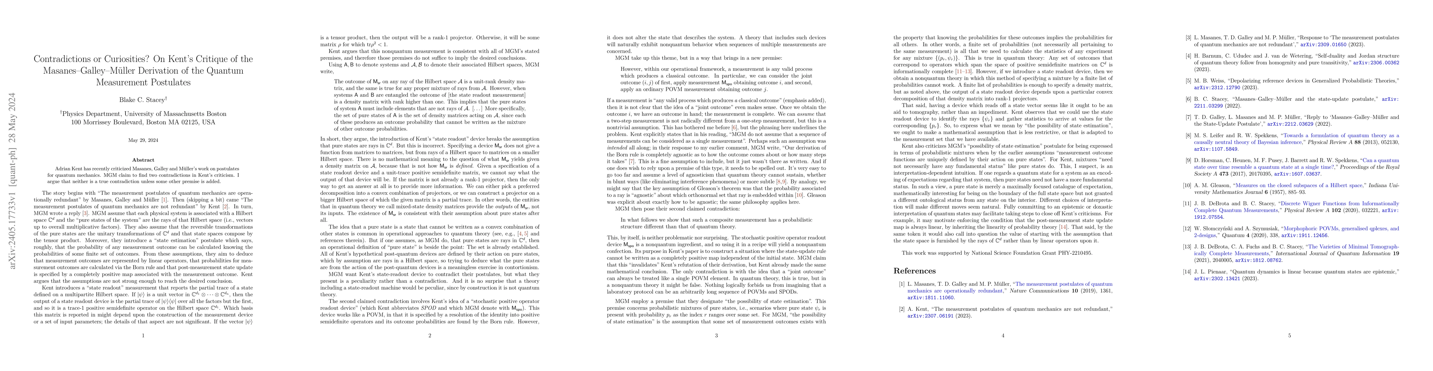 Thumbnail for Contradictions or Curiosities? On Kent's Critique of the
  Masanes--Galley--M\"uller Derivation of the Quantum Measurement Postulates