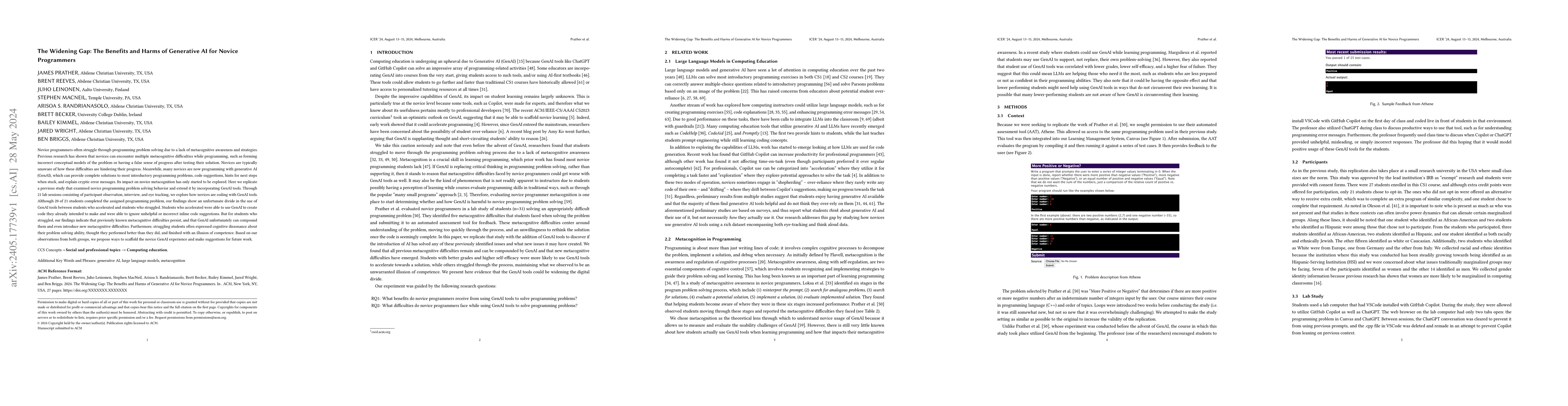 Thumbnail for The Widening Gap: The Benefits and Harms of Generative AI for Novice
  Programmers
