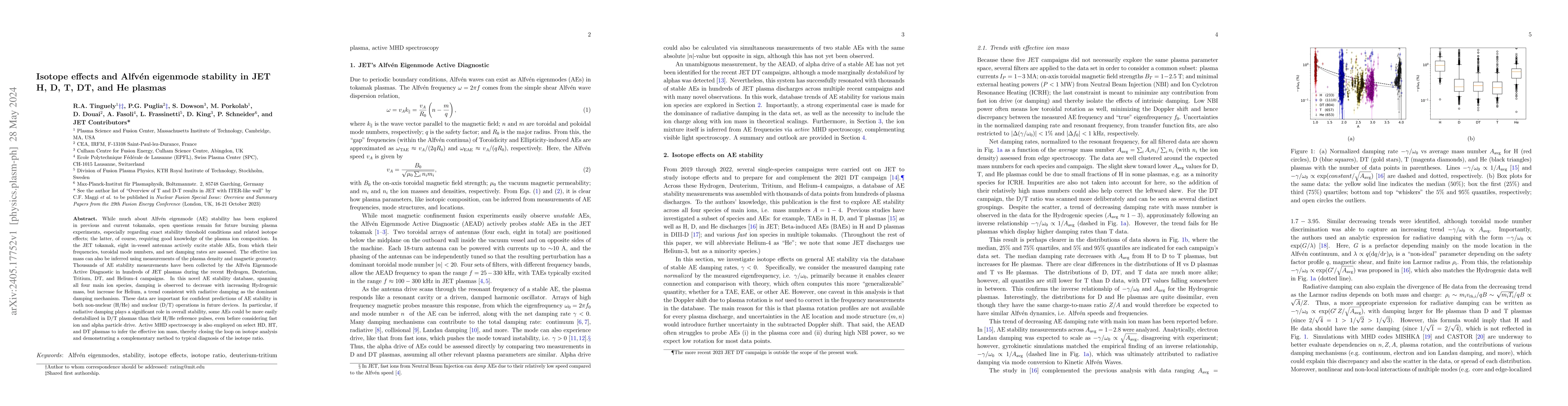 Thumbnail for Isotope effects and Alfven eigenmode stability in JET H, D, T, DT, and
  He plasmas