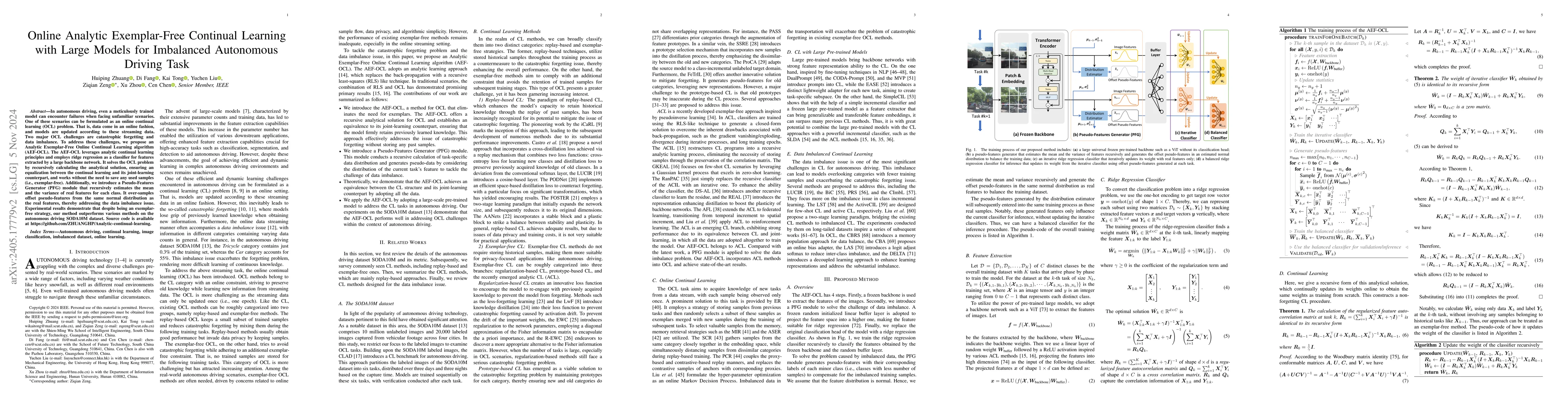 Thumbnail for Online Analytic Exemplar-Free Continual Learning with Large Models for
  Imbalanced Autonomous Driving Task