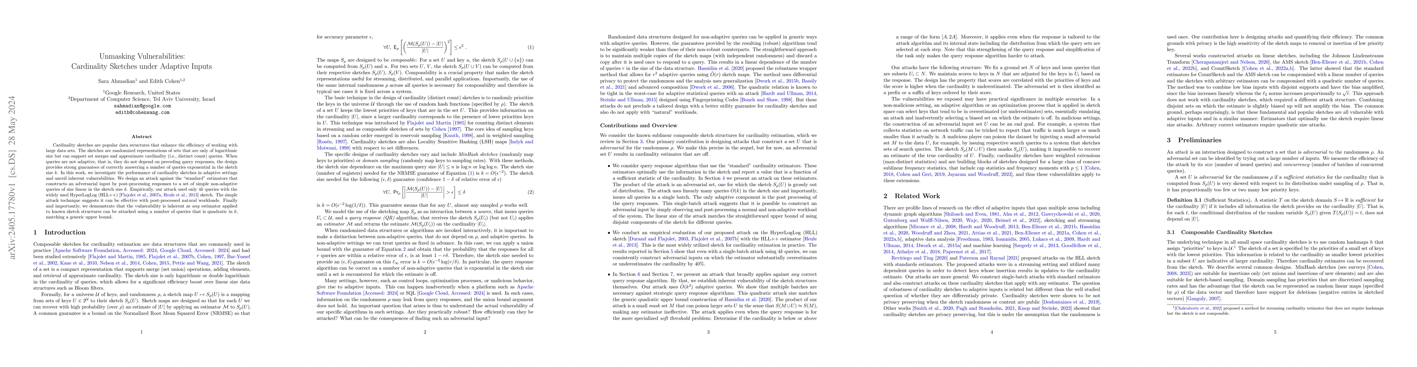 Thumbnail for Unmasking Vulnerabilities: Cardinality Sketches under Adaptive Inputs