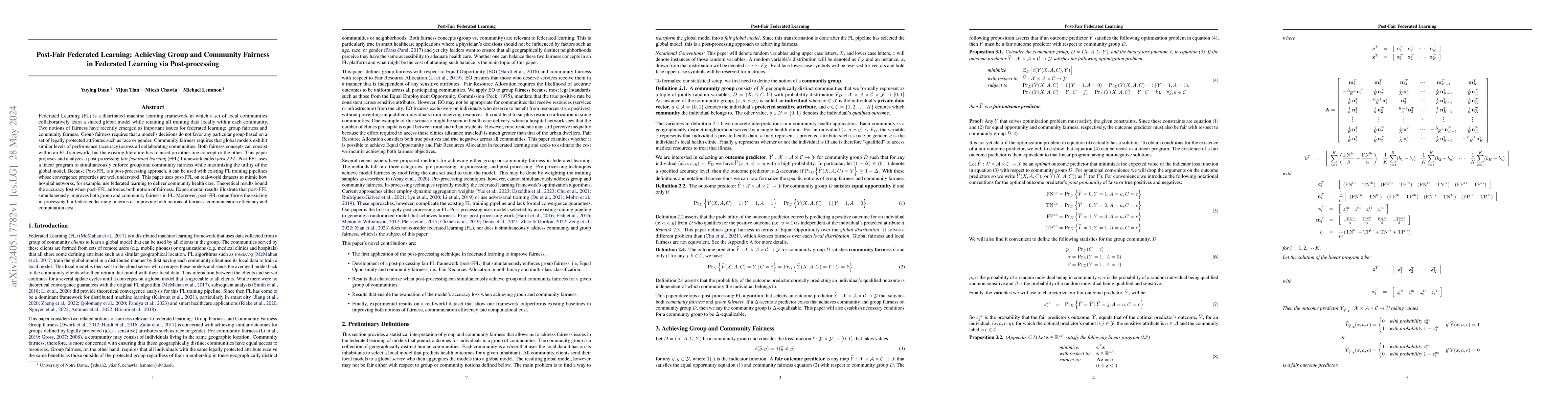 Thumbnail for Post-Fair Federated Learning: Achieving Group and Community Fairness in
  Federated Learning via Post-processing