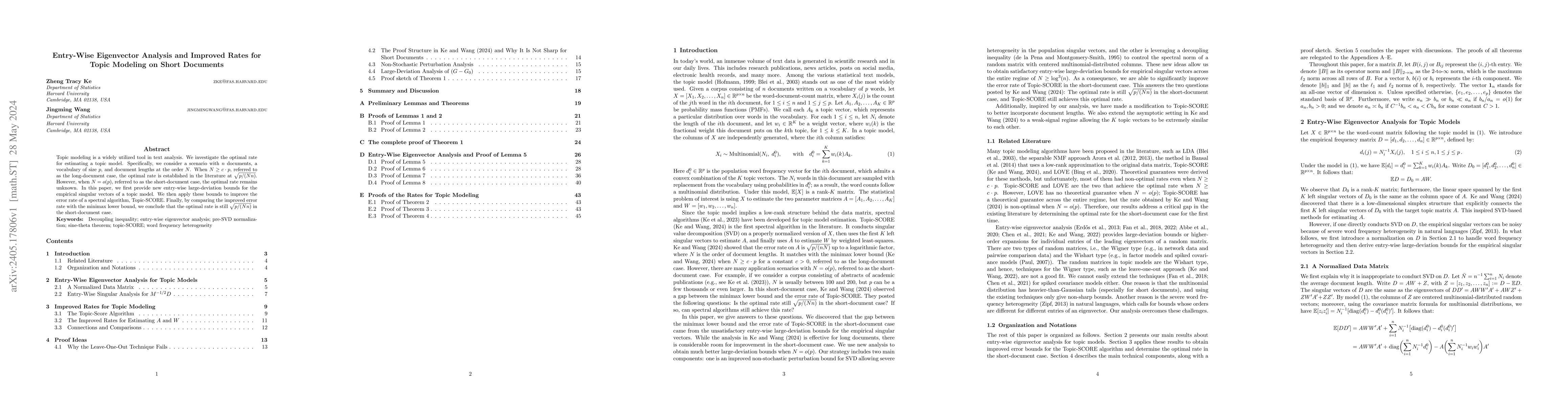 Thumbnail for Entry-Wise Eigenvector Analysis and Improved Rates for Topic Modeling on
  Short Documents
