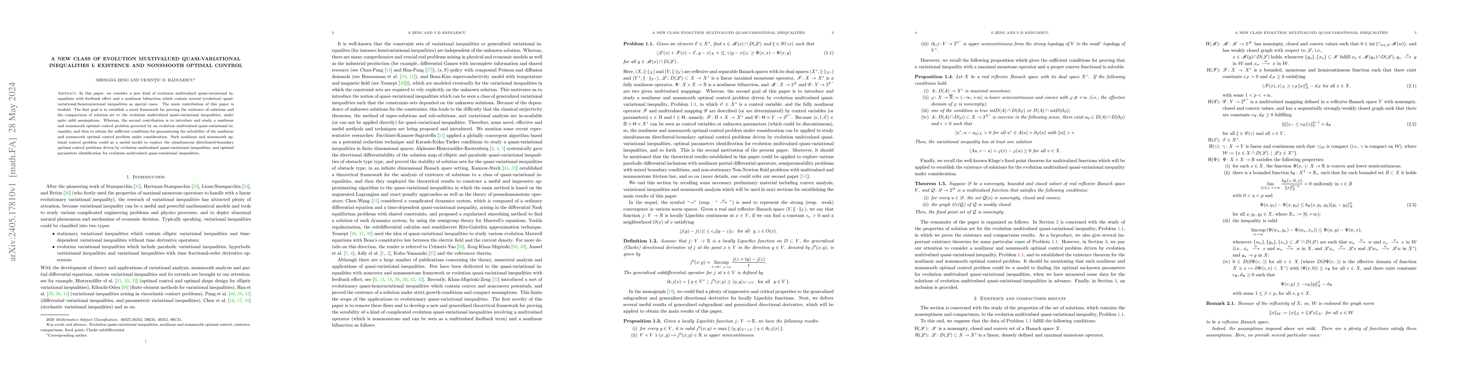 Thumbnail for A new class of evolution multivalued quasi-variational inequalities I:
  existence and nonsmooth optimal control