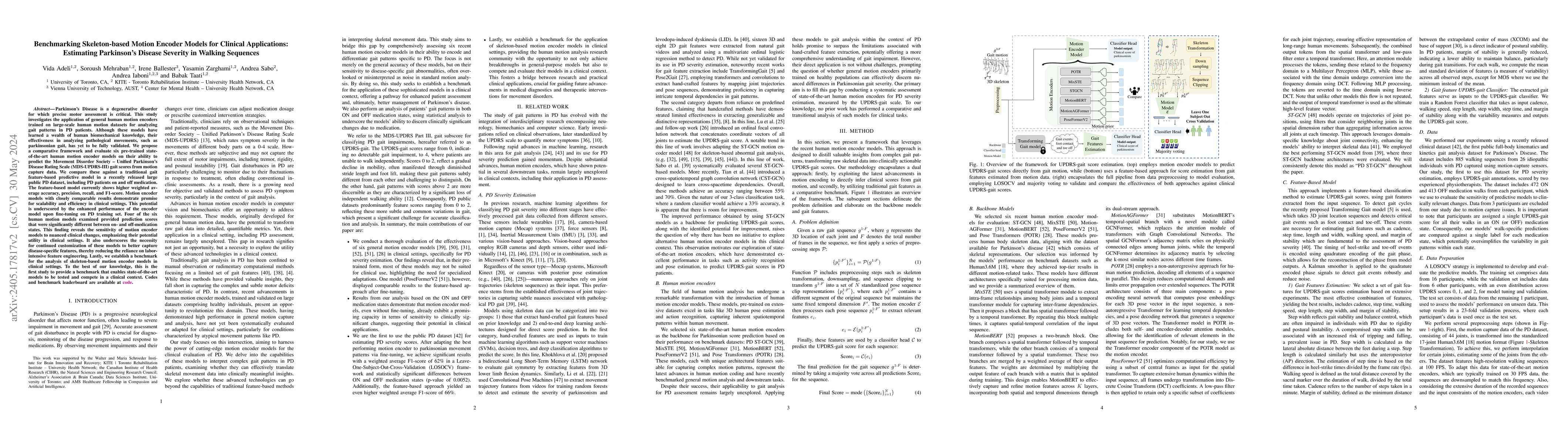 Thumbnail for Benchmarking Skeleton-based Motion Encoder Models for Clinical
  Applications: Estimating Parkinson's Disease Severity in Walking Sequences