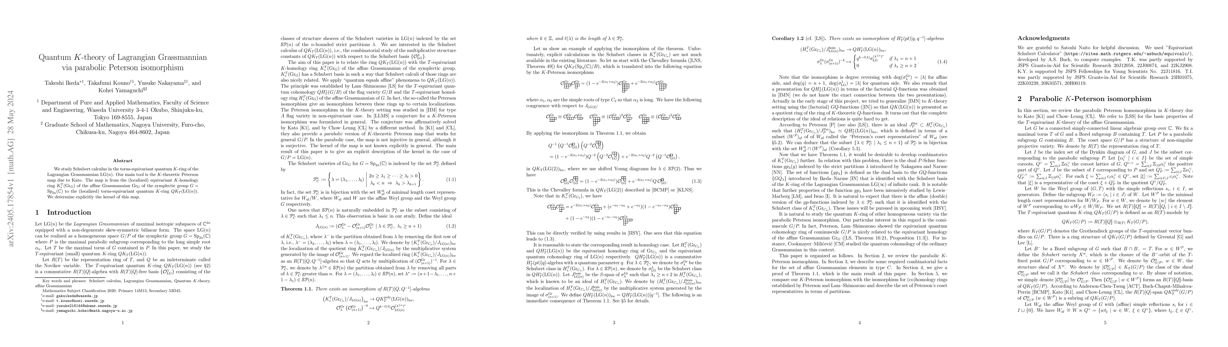 Thumbnail for Quantum $K$-theory of Lagrangian Grassmannian via parabolic Peterson
  isomorphism