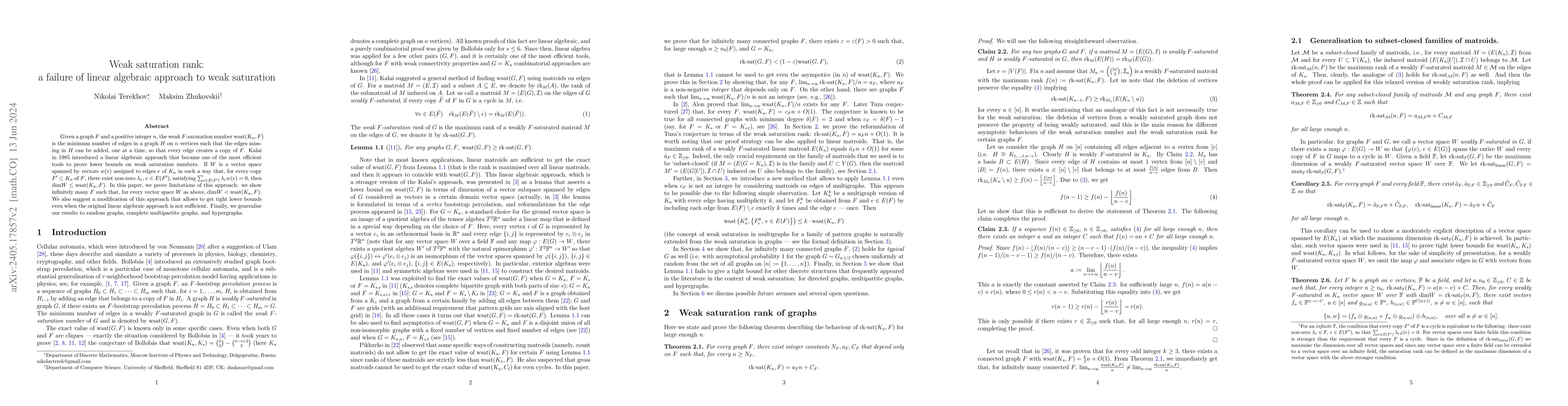 Thumbnail for Weak saturation rank: a failure of linear algebraic approach to weak
  saturation