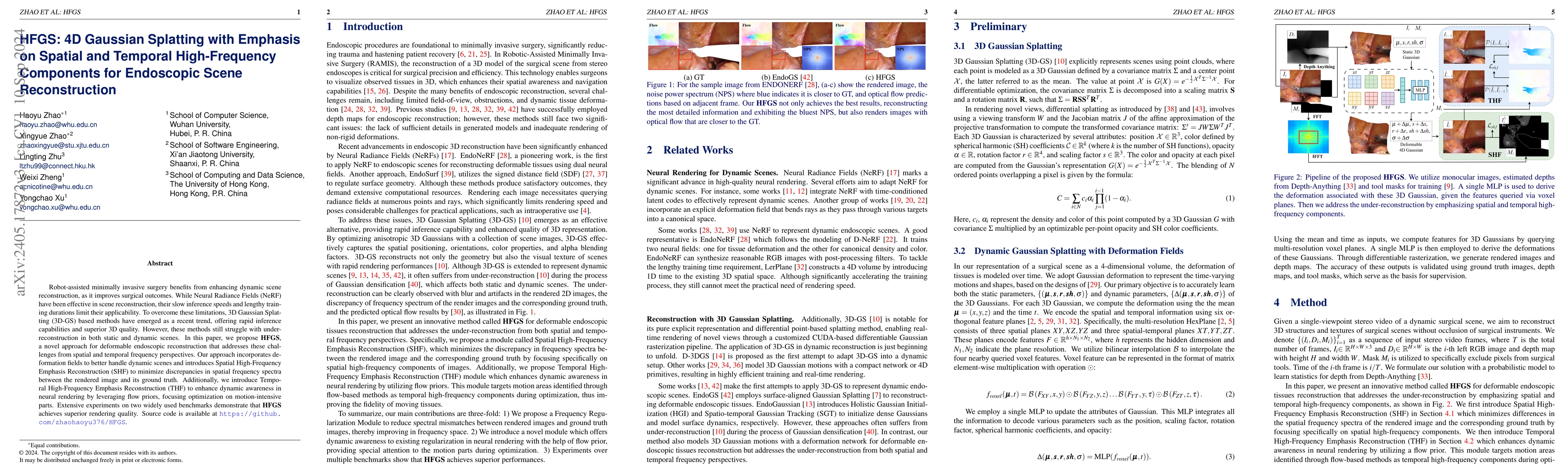Thumbnail for HFGS: 4D Gaussian Splatting with Emphasis on Spatial and Temporal
  High-Frequency Components for Endoscopic Scene Reconstruction