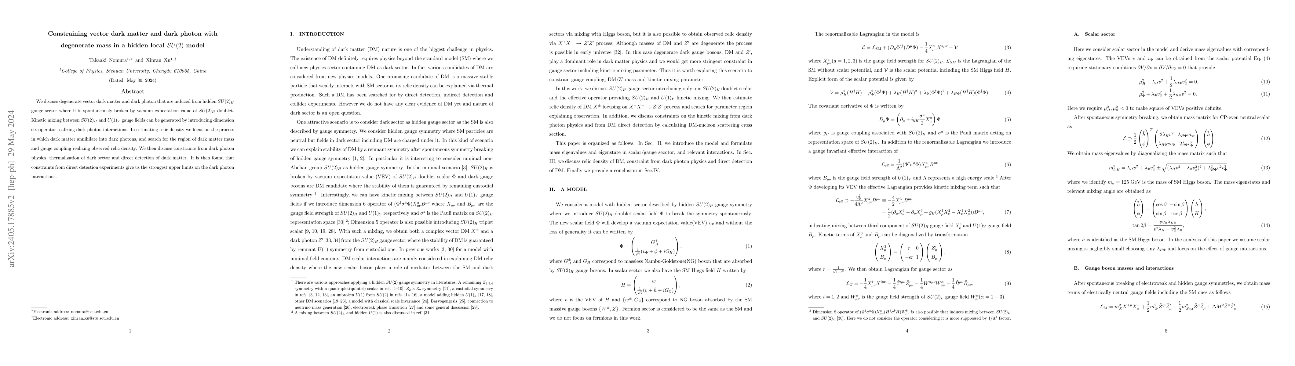 Thumbnail for Constraining vector dark matter and dark photon with degenerate mass in
  a hidden local SU(2) model