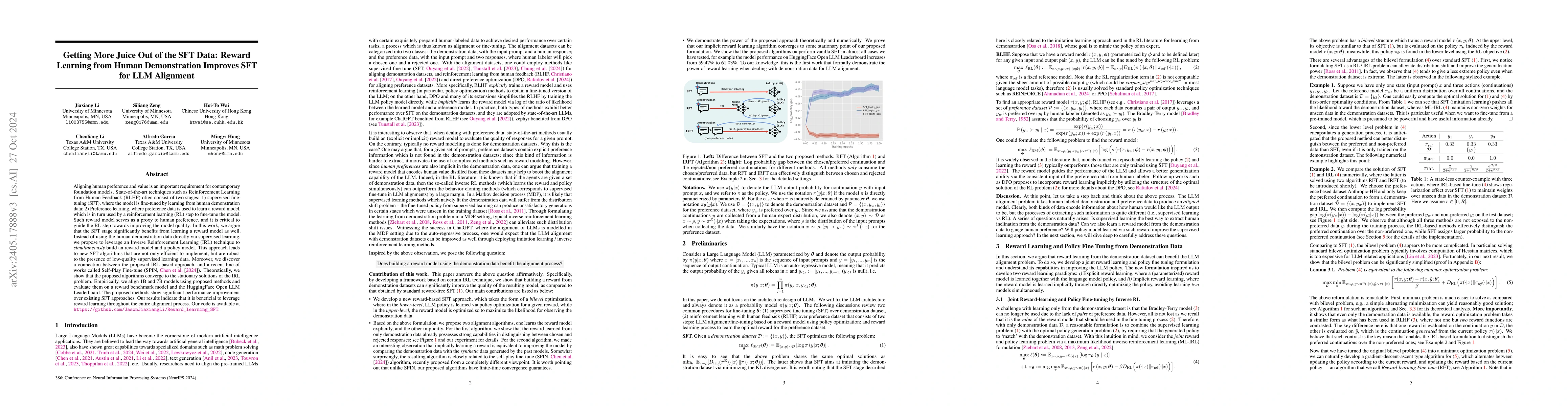 Thumbnail for Getting More Juice Out of the SFT Data: Reward Learning from Human
  Demonstration Improves SFT for LLM Alignment