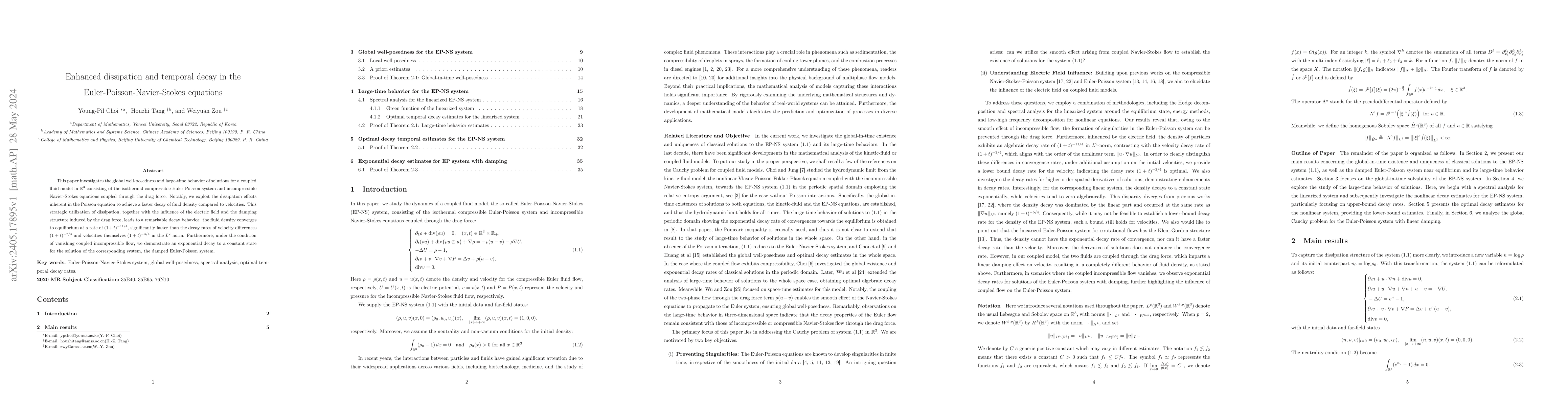 Thumbnail for Enhanced dissipation and temporal decay in the
  Euler-Poisson-Navier-Stokes equations