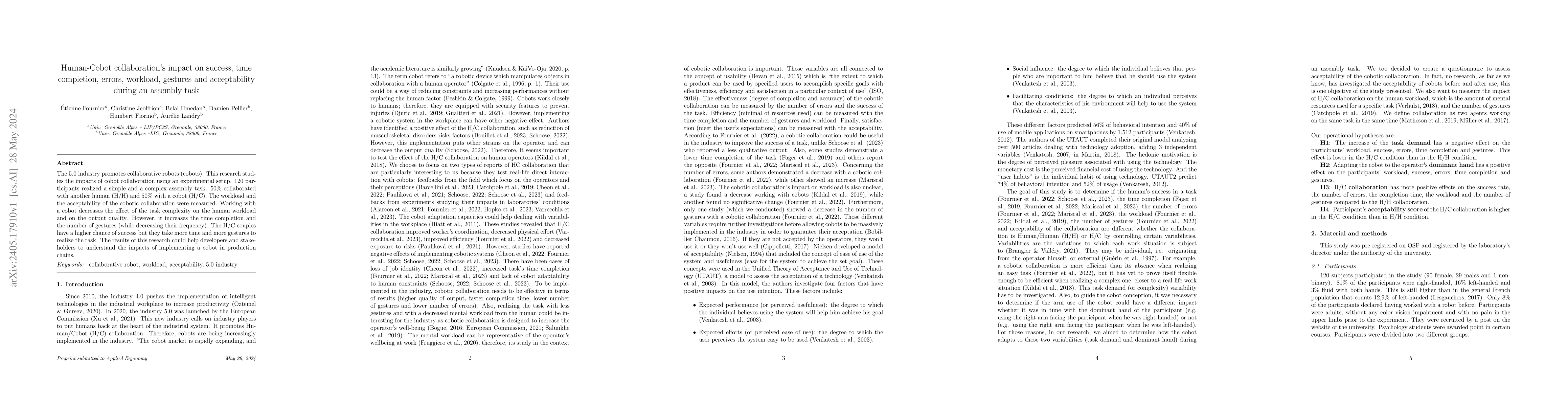 Thumbnail for Human-Cobot collaboration's impact on success, time completion, errors,
  workload, gestures and acceptability during an assembly task