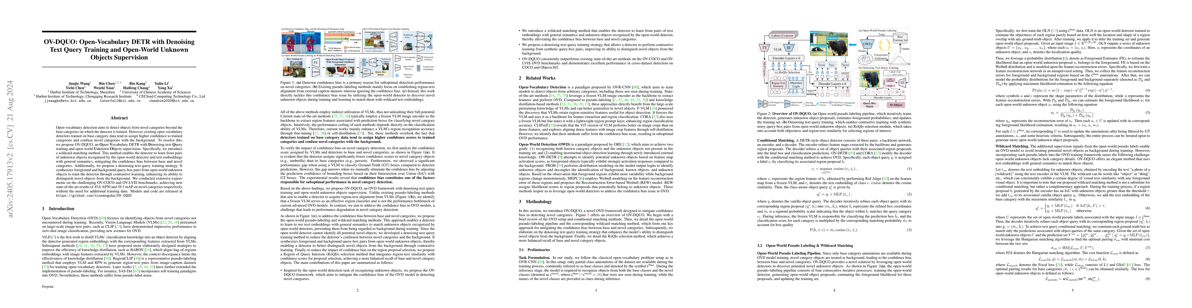 Thumbnail for OV-DQUO: Open-Vocabulary DETR with Denoising Text Query Training and
  Open-World Unknown Objects Supervision