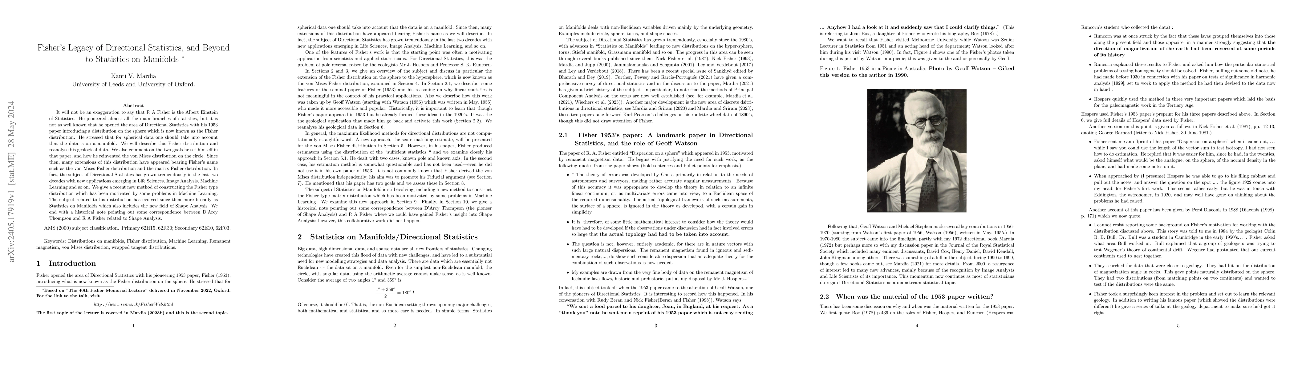 Thumbnail for Fisher's Legacy of Directional Statistics, and Beyond to Statistics on
  Manifolds