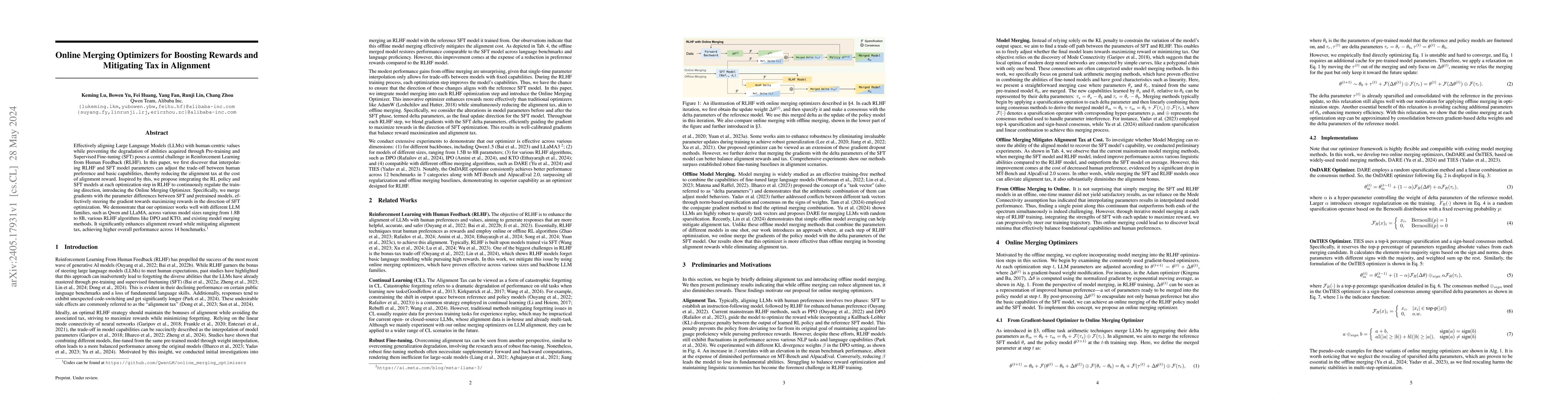 Thumbnail for Online Merging Optimizers for Boosting Rewards and Mitigating Tax in
  Alignment