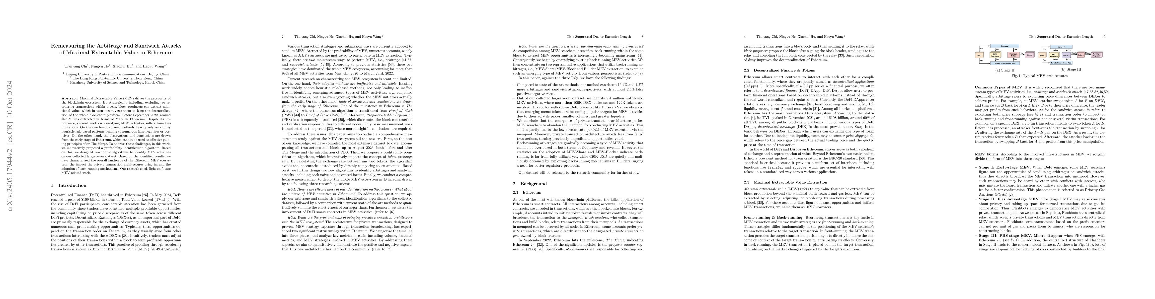 Thumbnail for Remeasuring the Arbitrage and Sandwich Attacks of Maximal Extractable
  Value in Ethereum