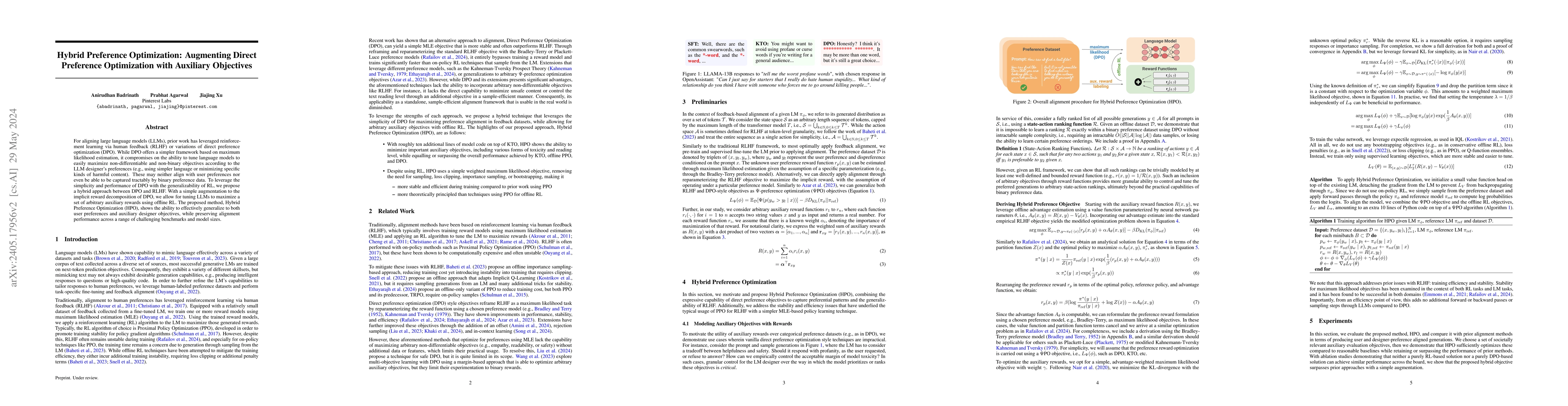 Thumbnail for Hybrid Preference Optimization: Augmenting Direct Preference
  Optimization with Auxiliary Objectives