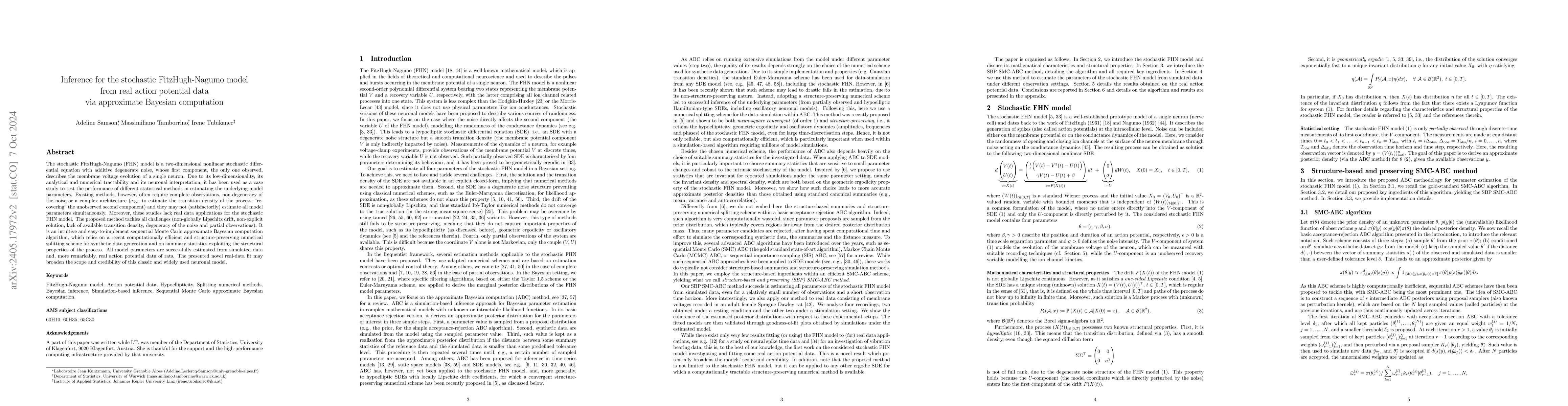 Thumbnail for Inference for the stochastic FitzHugh-Nagumo model from real action
  potential data via approximate Bayesian computation