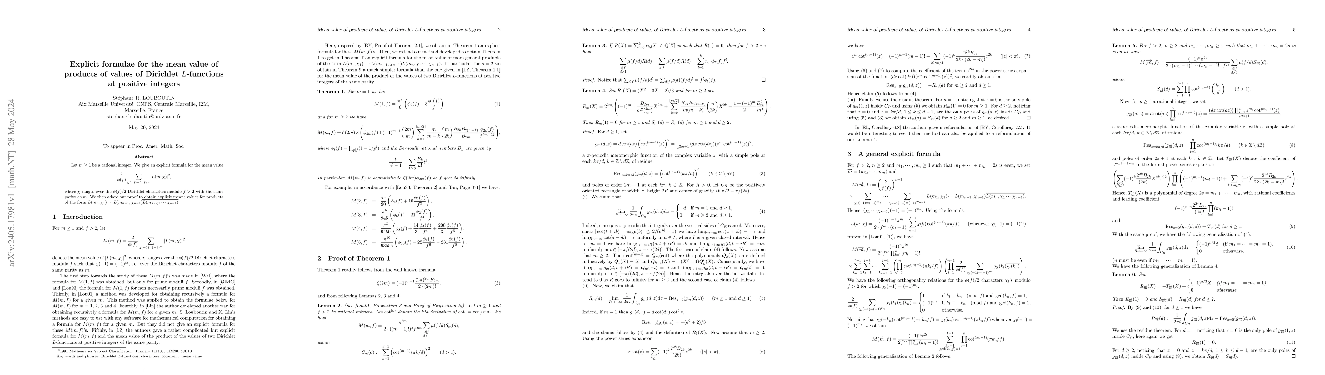 Thumbnail for Explicit formulae for the mean value of products of values of Dirichlet
  $L$-functions at positive integers