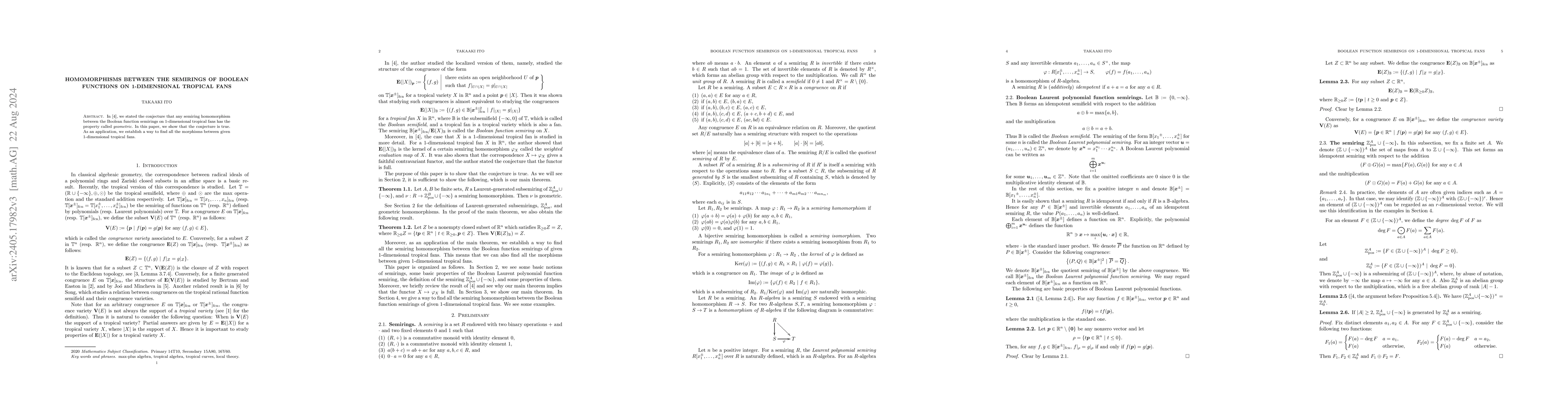 Thumbnail for Homomorphisms between the semirings of Boolean functions on
  1-dimensional tropical fans