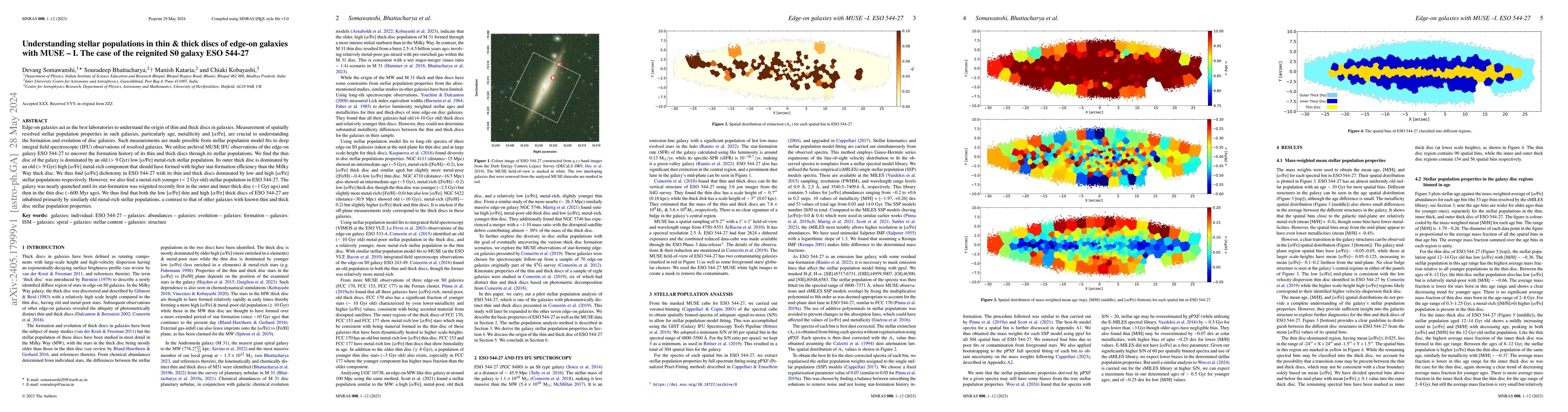 Thumbnail for Understanding stellar populations in thin & thick discs of edge-on
  galaxies with MUSE -- I. The case of the reignited S0 galaxy ESO 544-27