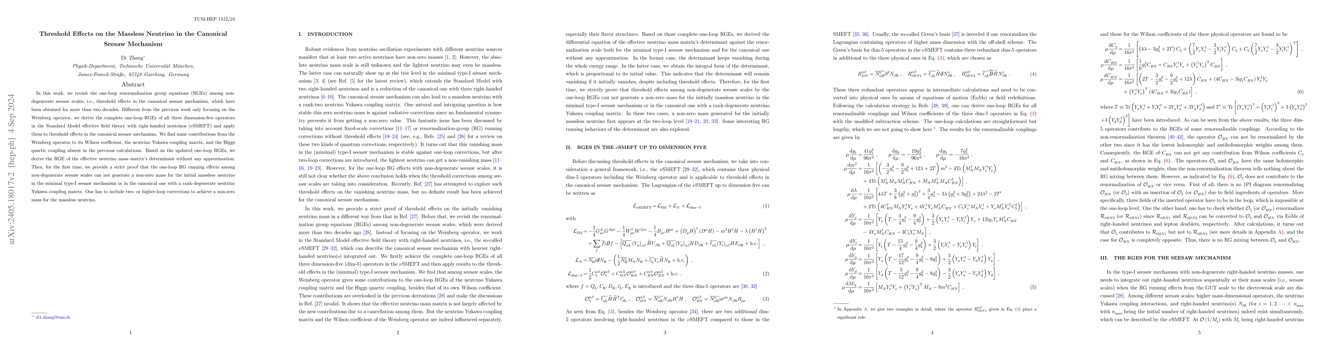 Thumbnail for Threshold Effects on the Massless Neutrino in the Canonical Seesaw
  Mechanism