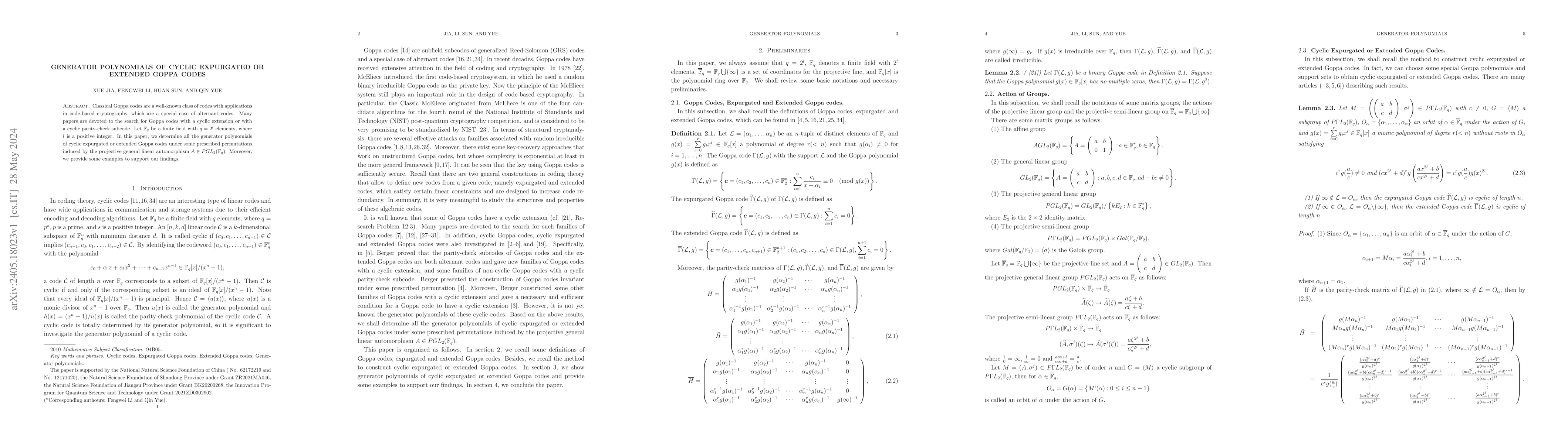 Thumbnail for Generator polynomials of cyclic expurgated or extended Goppa codes