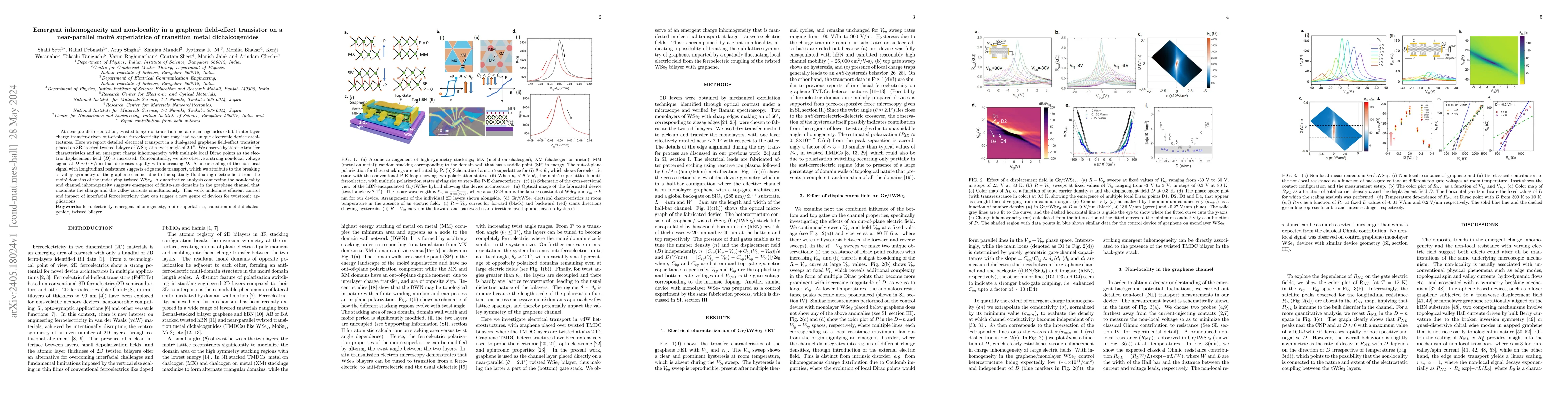 Thumbnail for Emergent inhomogeneity and non-locality in a graphene field-effect
  transistor on a near-parallel moire superlattice of transition metal
  dichalcogenides