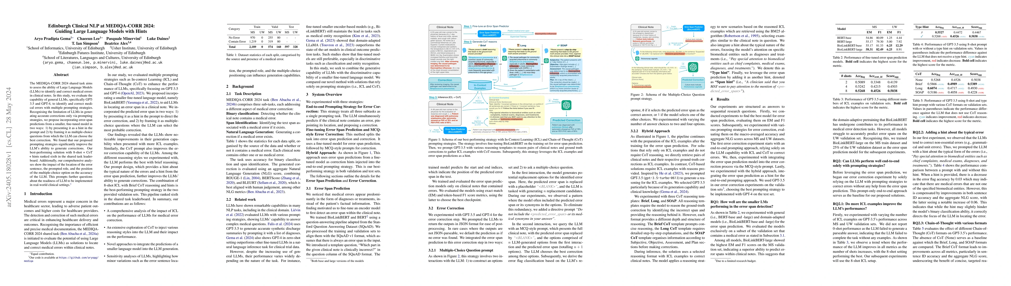 Thumbnail for Edinburgh Clinical NLP at MEDIQA-CORR 2024: Guiding Large Language
  Models with Hints