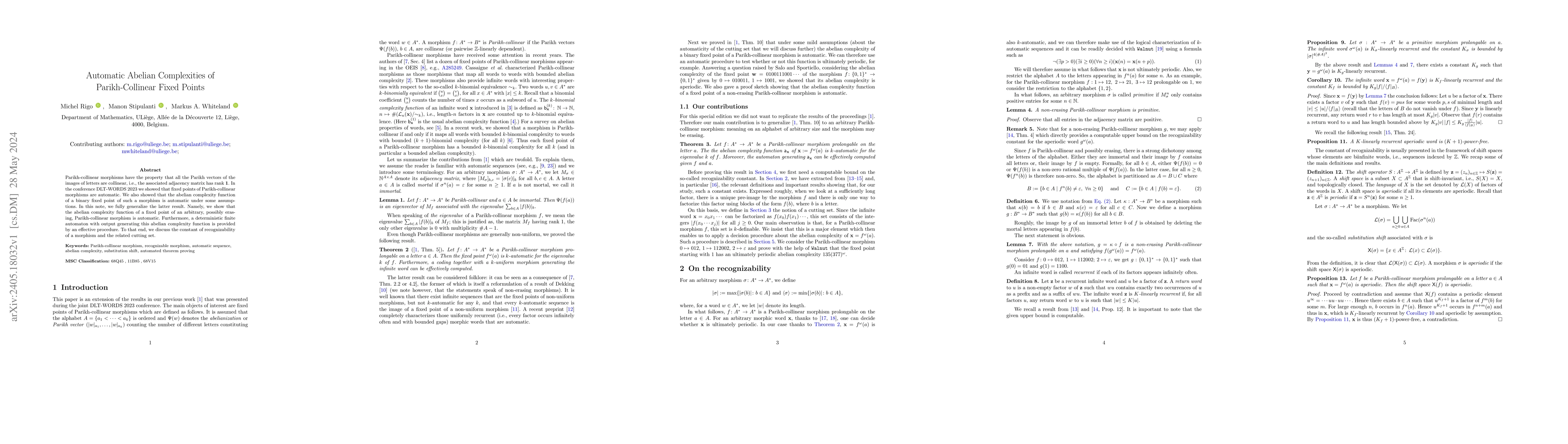 Thumbnail for Automatic Abelian Complexities of Parikh-Collinear Fixed Points