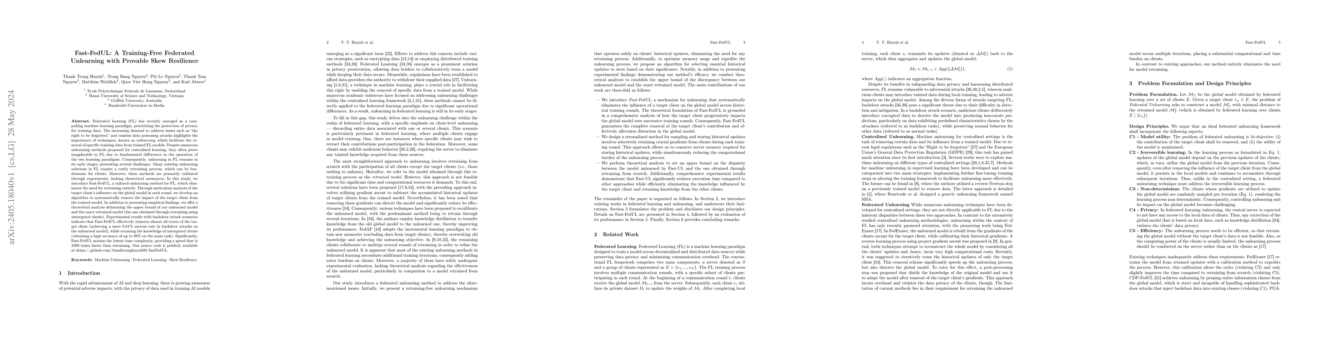 Thumbnail for Fast-FedUL: A Training-Free Federated Unlearning with Provable Skew
  Resilience