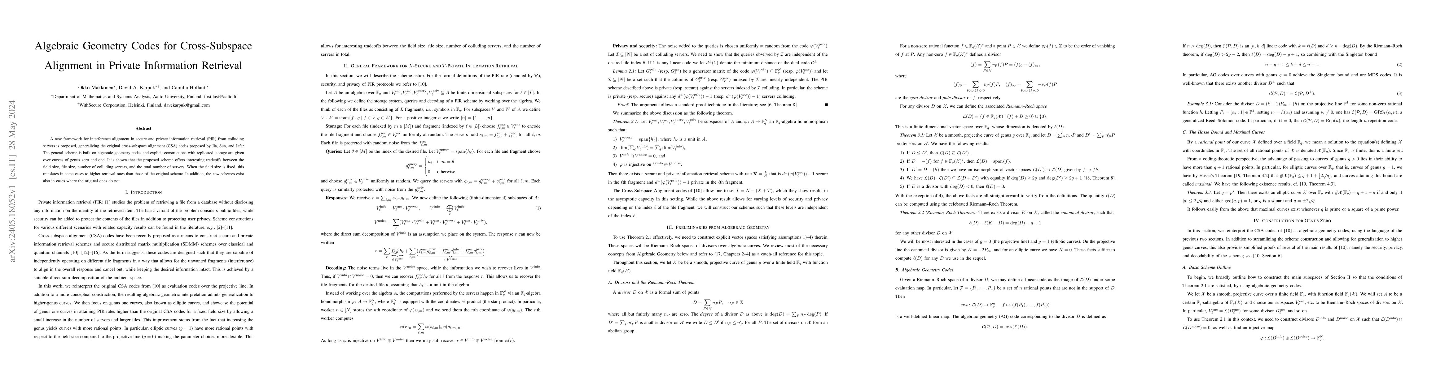 Thumbnail for Algebraic Geometry Codes for Cross-Subspace Alignment in Private
  Information Retrieval