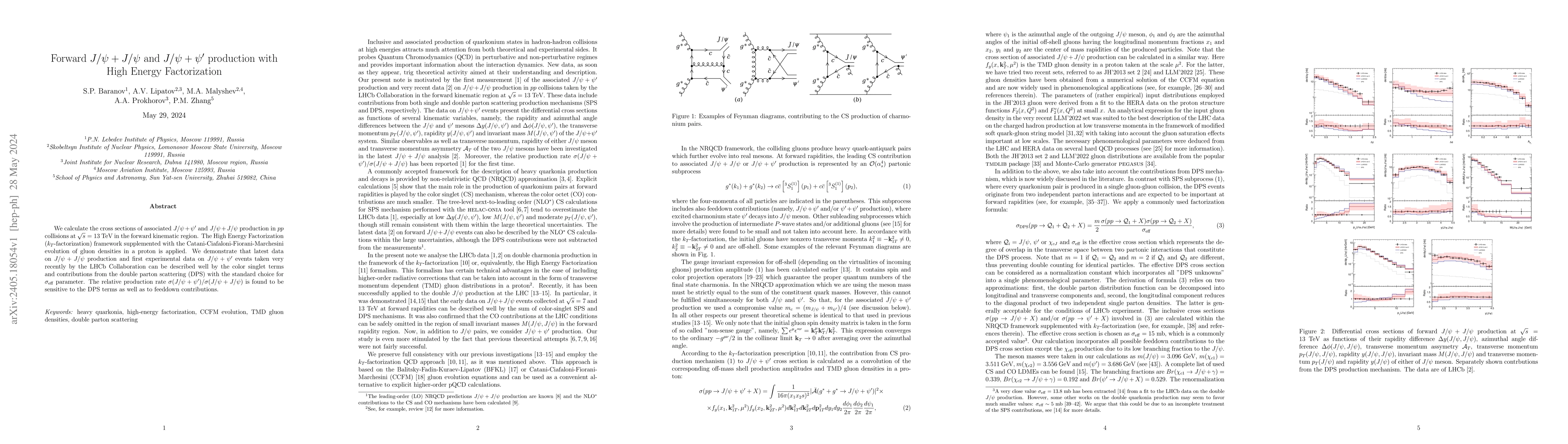 Thumbnail for Forward $J/\psi + J/\psi$ and $J/\psi + \psi^\prime$ production with
  High Energy Factorization