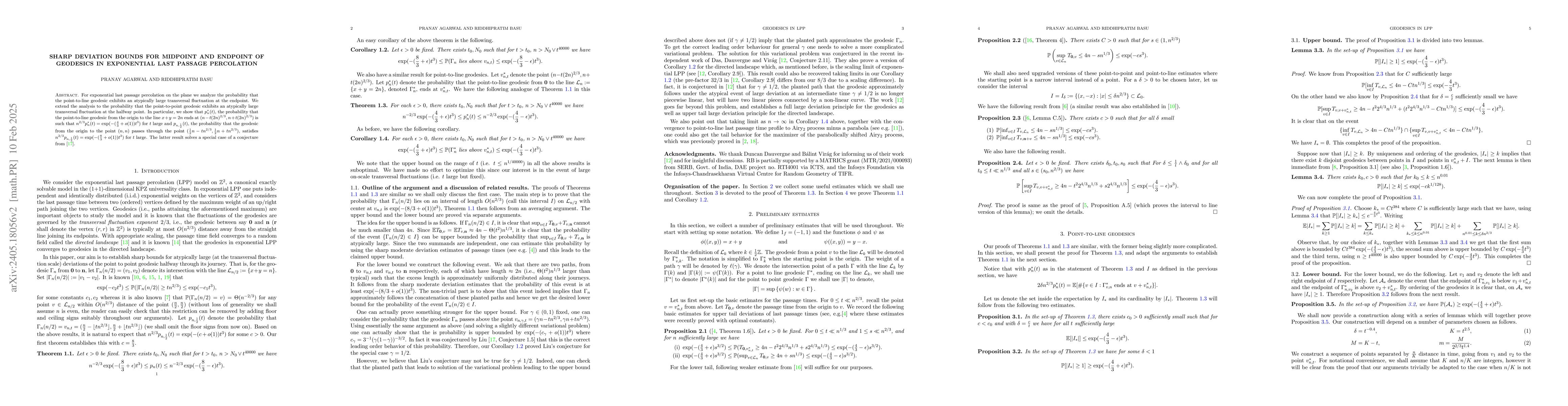 Thumbnail for Sharp deviation bounds for midpoint and endpoint of geodesics in
  exponential last passage percolation