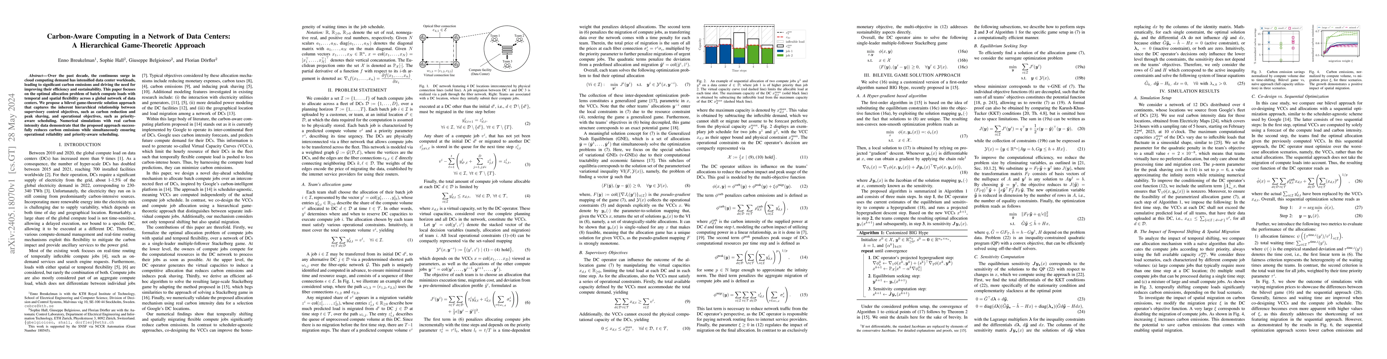 Thumbnail for Carbon-Aware Computing in a Network of Data Centers: A Hierarchical
  Game-Theoretic Approach
