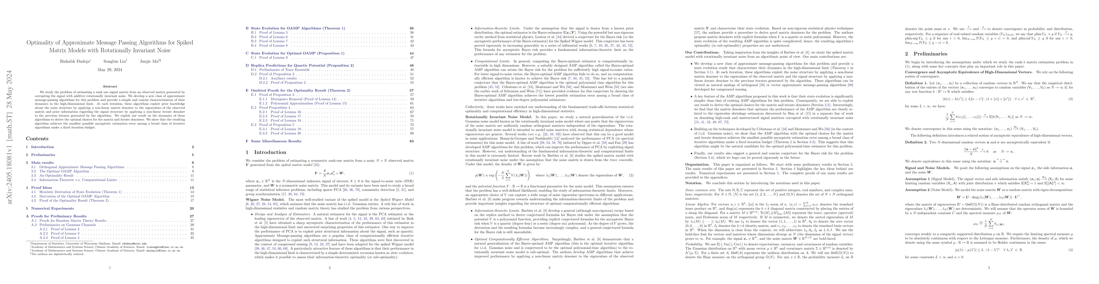 Thumbnail for Optimality of Approximate Message Passing Algorithms for Spiked Matrix
  Models with Rotationally Invariant Noise