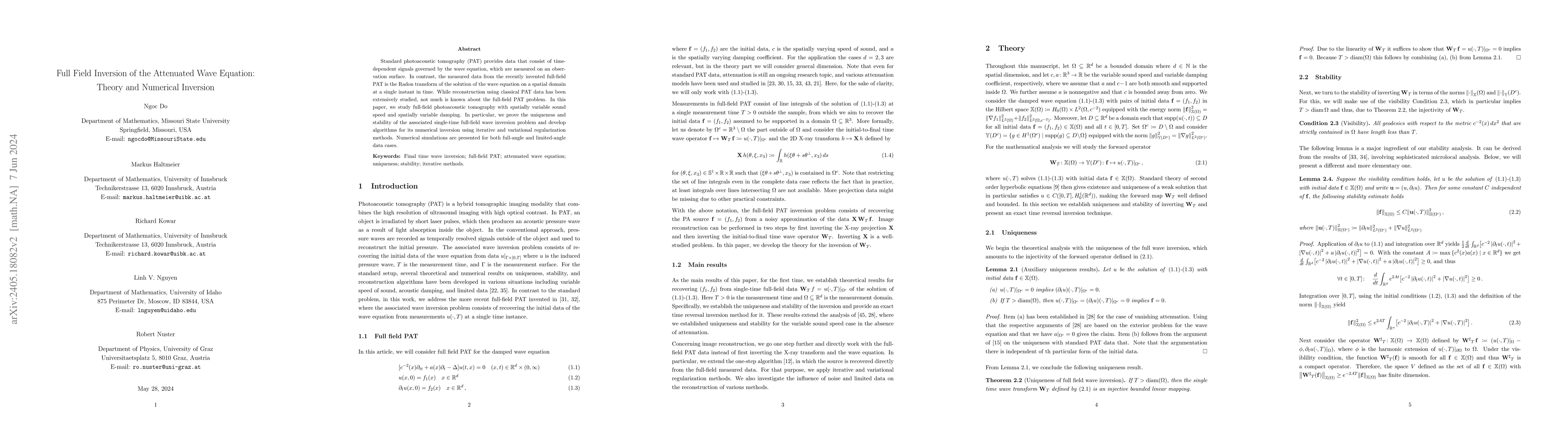 Thumbnail for Full Field Inversion of the Attenuated Wave Equation: Theory and
  Numerical Inversion
