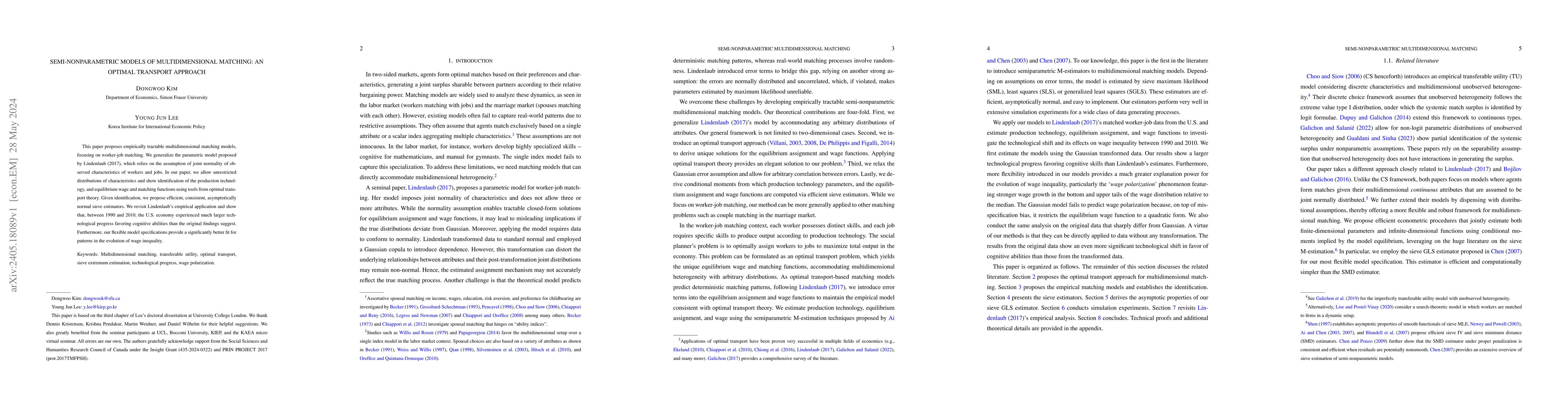 Thumbnail for Semi-nonparametric models of multidimensional matching: an optimal
  transport approach