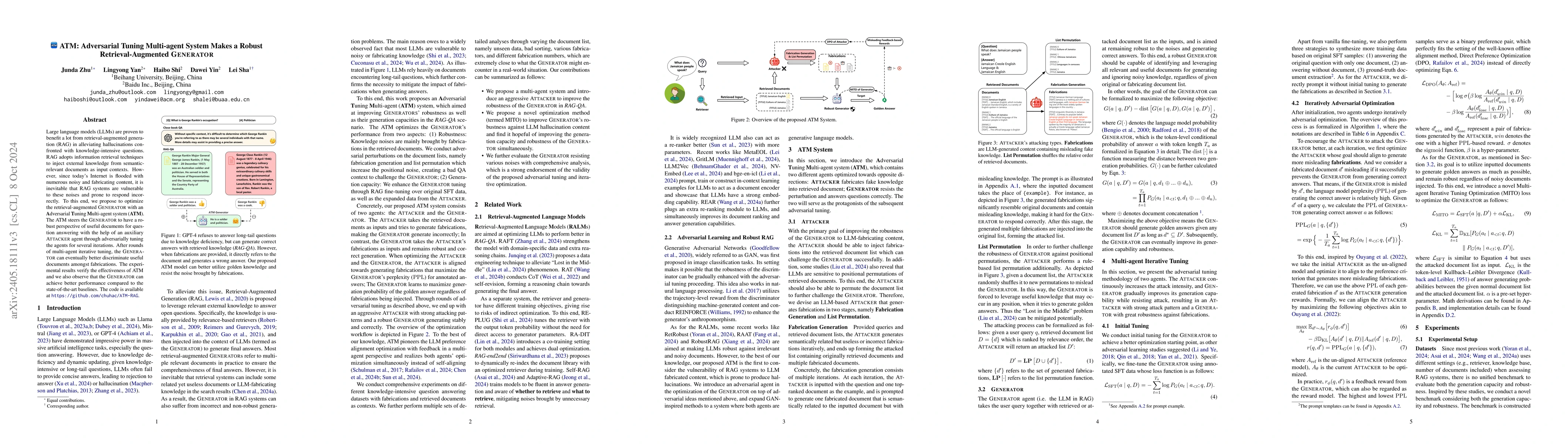 Thumbnail for ATM: Adversarial Tuning Multi-agent System Makes a Robust
  Retrieval-Augmented Generator