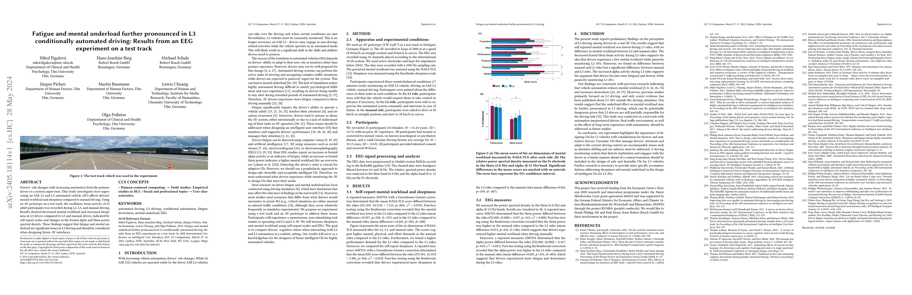 Thumbnail for Fatigue and mental underload further pronounced in L3 conditionally
  automated driving: Results from an EEG experiment on a test track