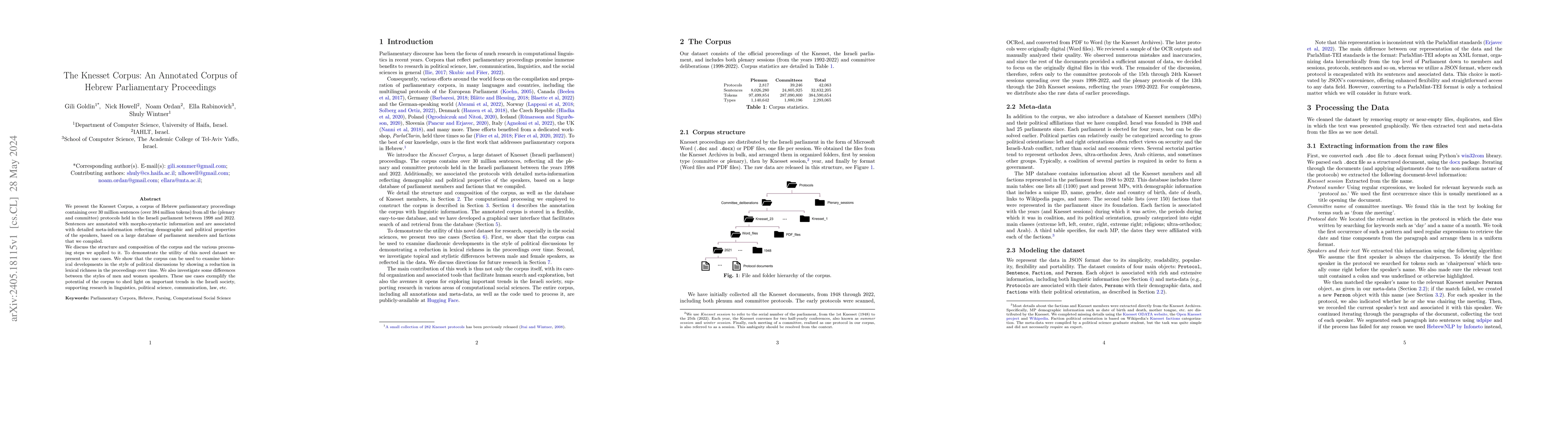 Thumbnail for The Knesset Corpus: An Annotated Corpus of Hebrew Parliamentary
  Proceedings