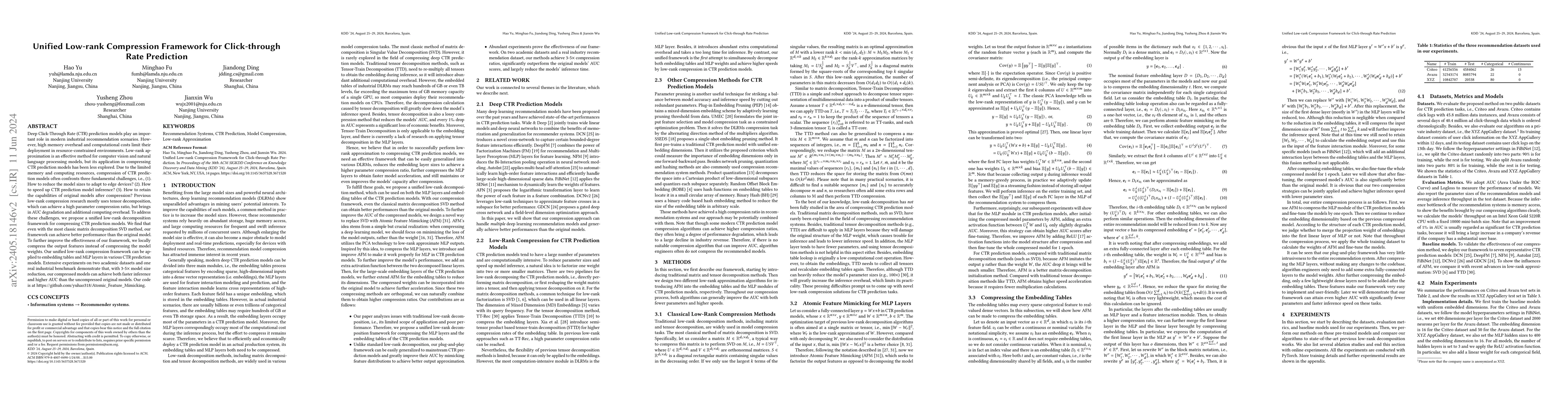 Thumbnail for Unified Low-rank Compression Framework for Click-through Rate Prediction