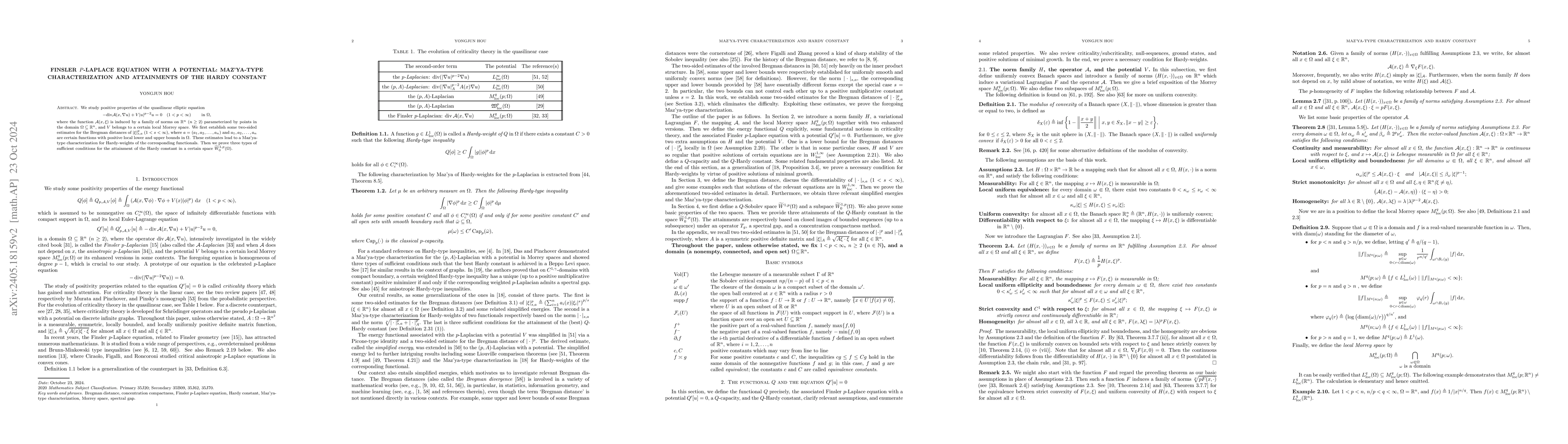 Thumbnail for Finsler $p$-Laplace equation with a potential: Maz'ya-type
  characterization and attainments of the Hardy constant
