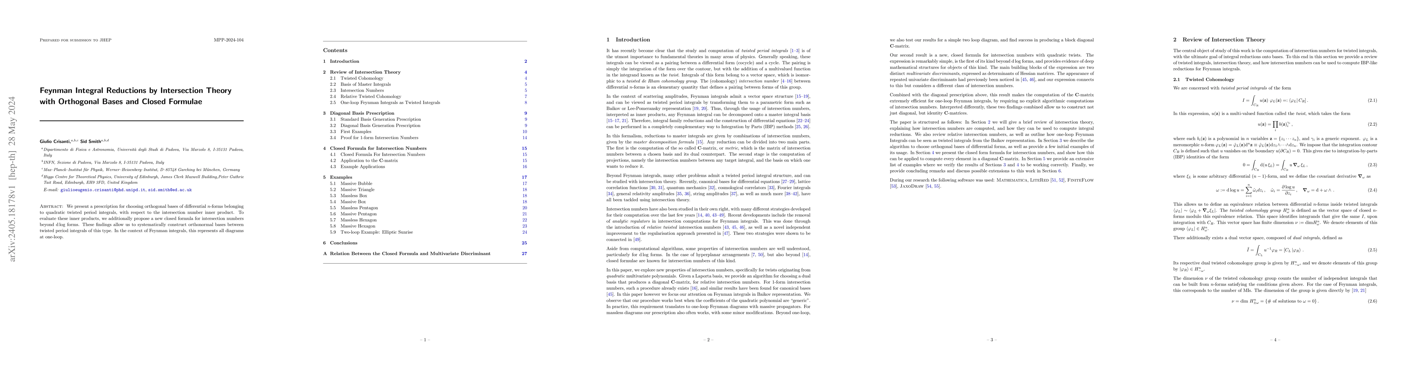 Thumbnail for Feynman Integral Reductions by Intersection Theory with Orthogonal Bases
  and Closed Formulae