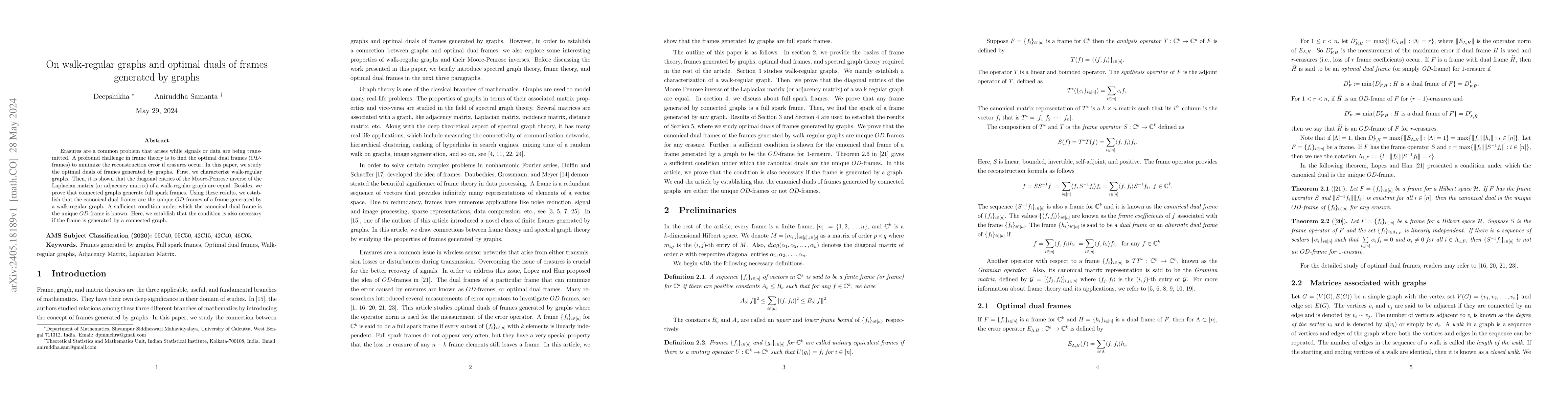 Thumbnail for On walk-regular graphs and optimal duals of frames generated by graphs