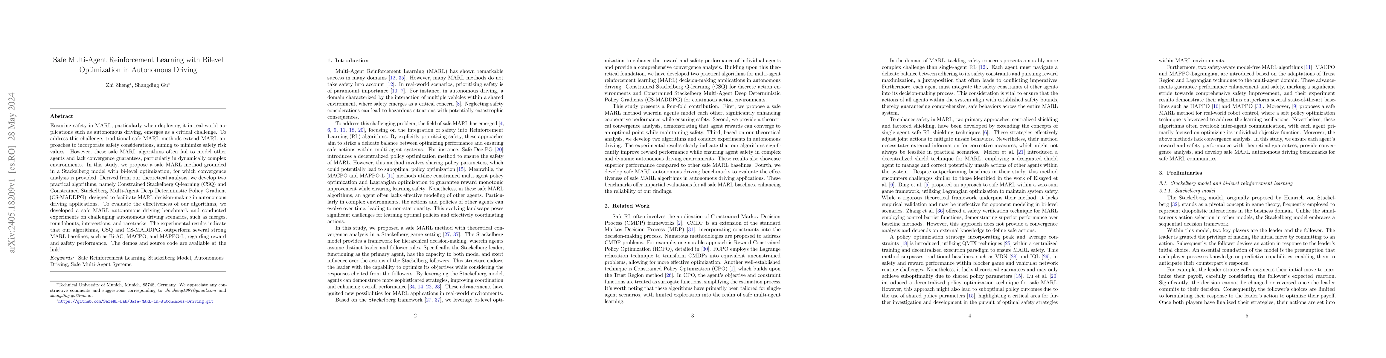 Thumbnail for Safe Multi-Agent Reinforcement Learning with Bilevel Optimization in
  Autonomous Driving