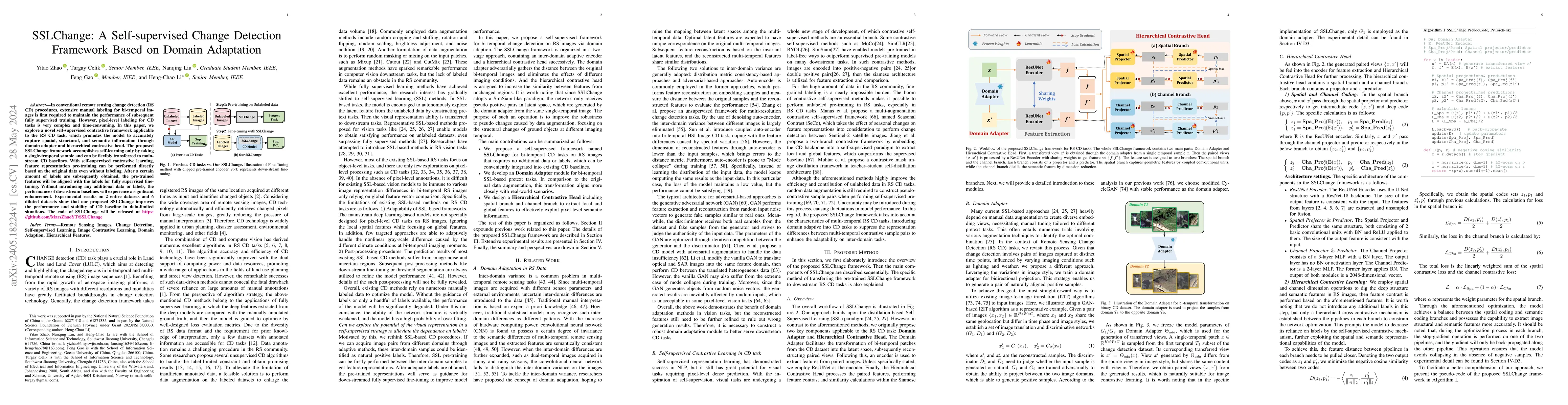 Thumbnail for SSLChange: A Self-supervised Change Detection Framework Based on Domain
  Adaptation
