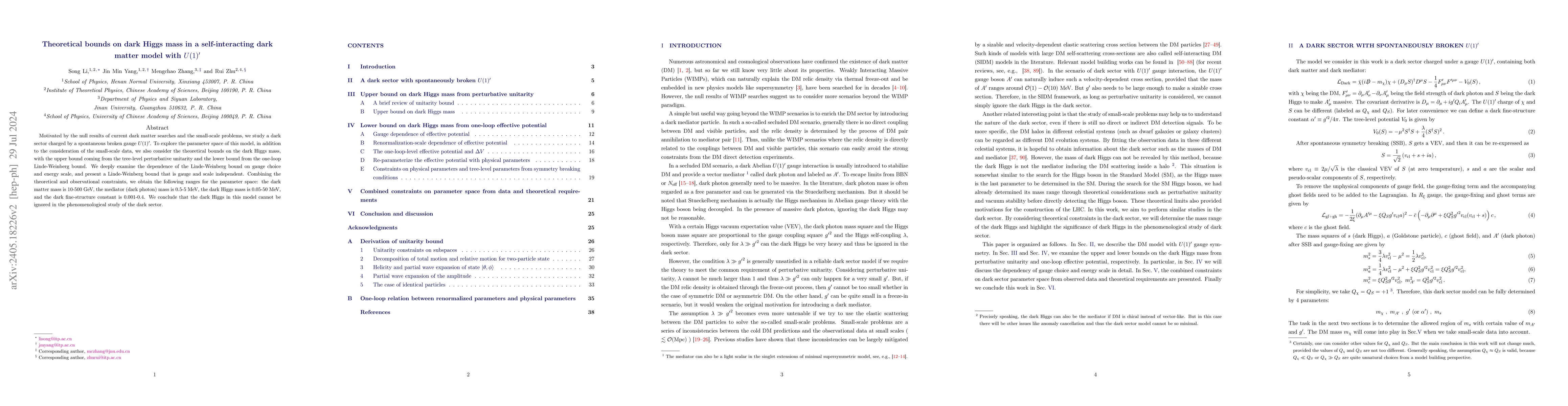 Thumbnail for Theoretical bounds on dark Higgs mass in a self-interacting dark matter
  model with $U(1)'$