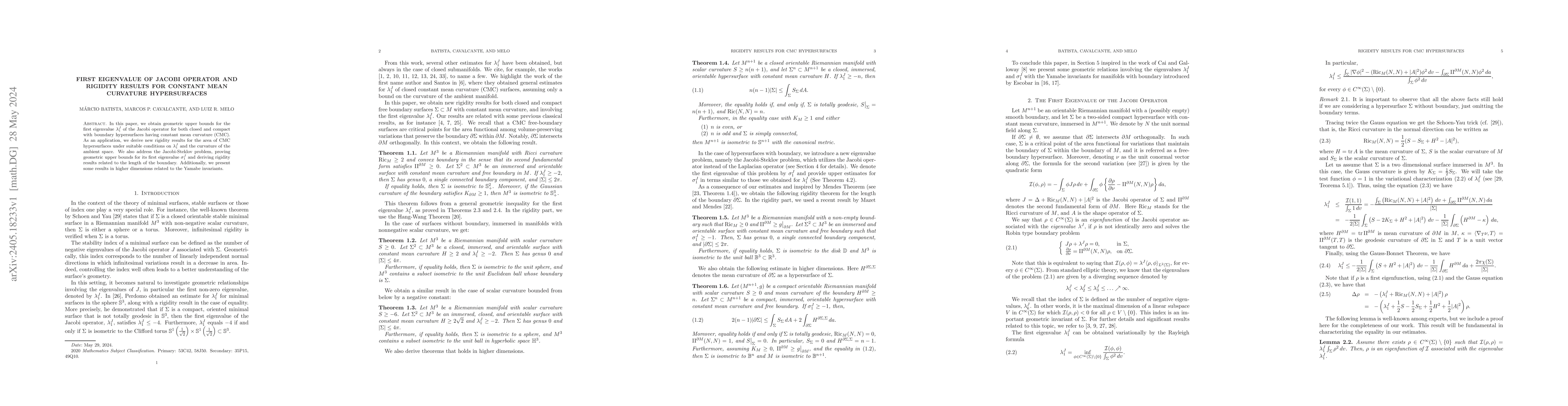 Thumbnail for First Eigenvalue of Jacobi operator and Rigidity Results for Constant
  Mean Curvature Hypersurfaces